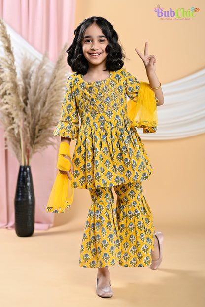 Yellow booti printed kurta and sharara