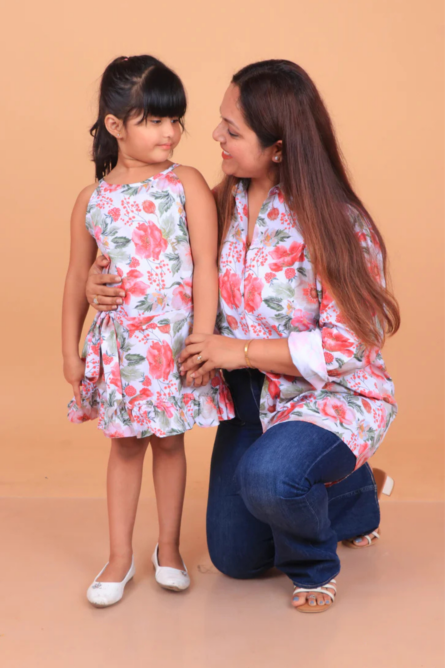 White Floral Shirt Mother Daughter combo