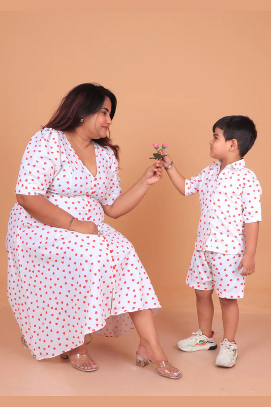 Red Heart Print Mother Son Combo