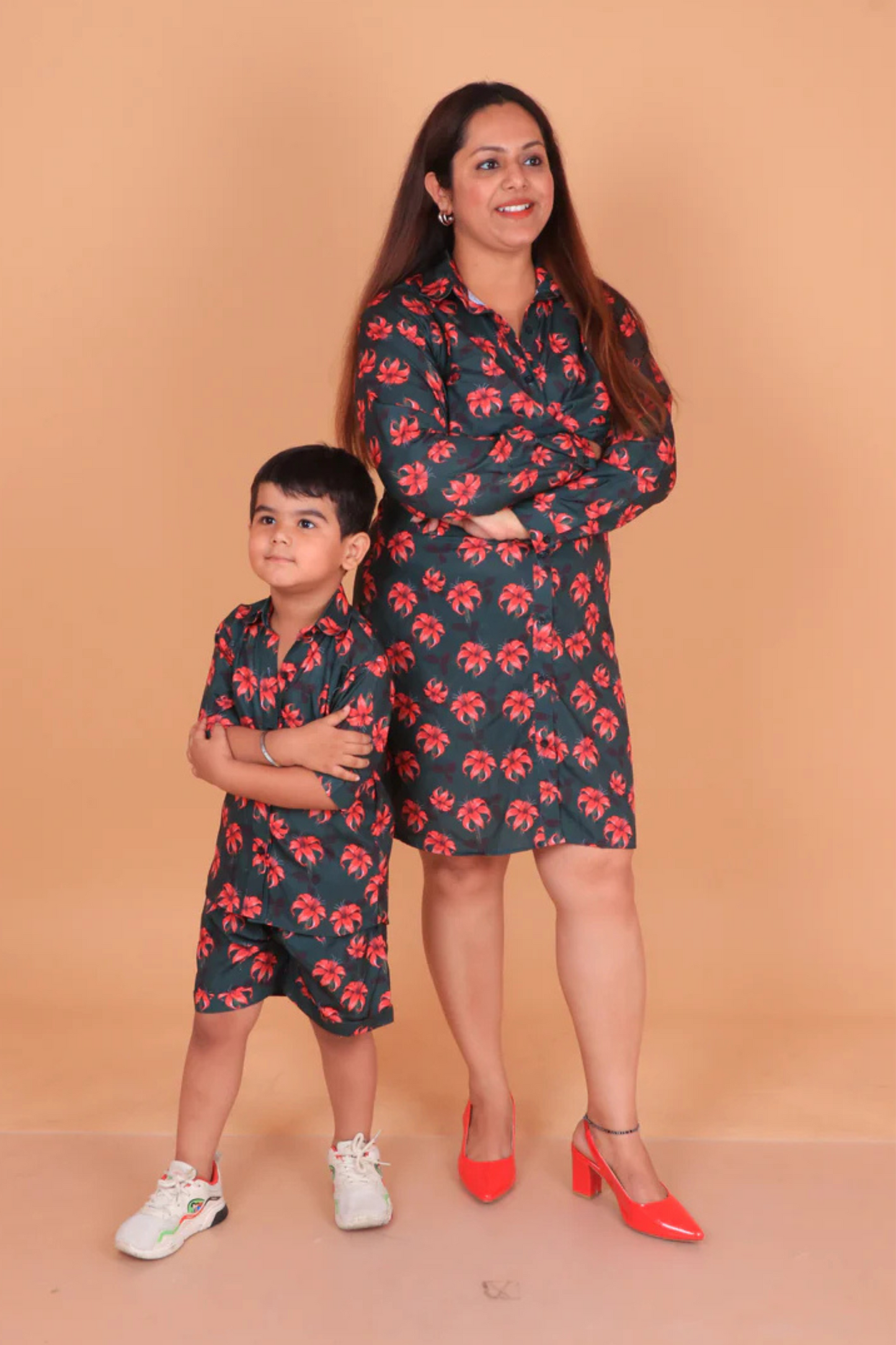 Dark Green Floral Mother Son Combo