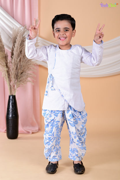 White Angrakha kurta with floral printed dhoti