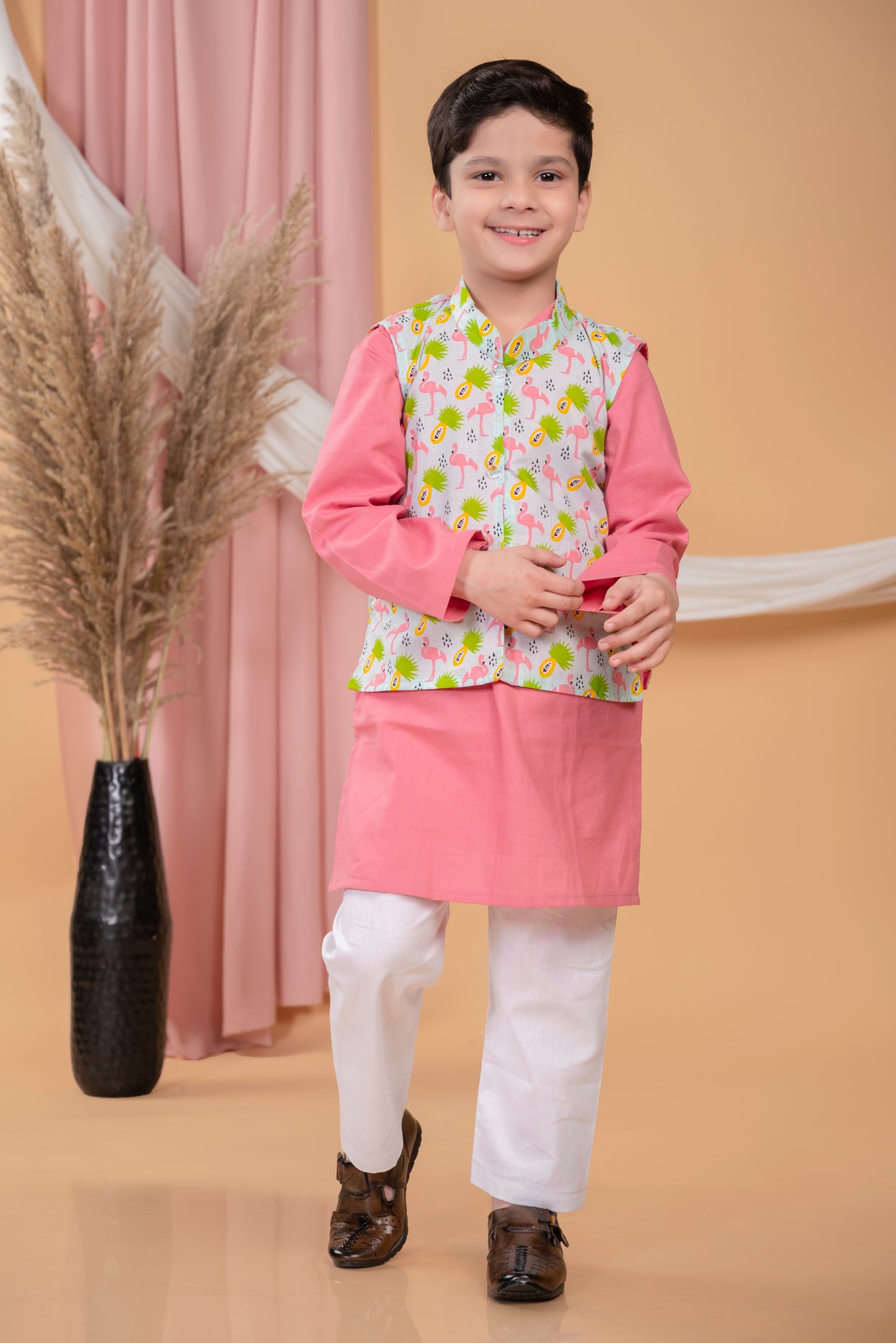 Pink kurta pajama with flamingo print jacket