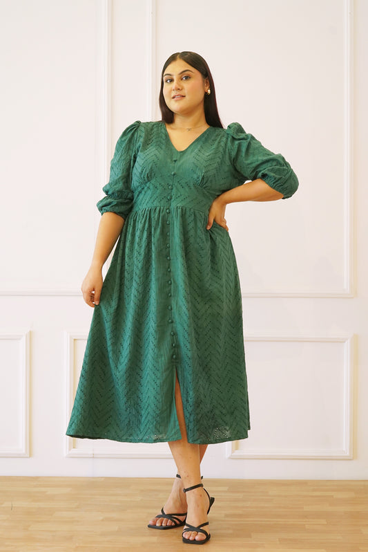 Green Shiffli front slit Dress for Women