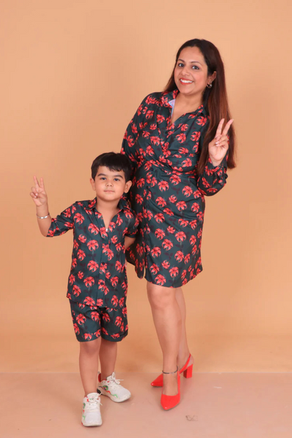 Dark Green Floral Mother Son Combo