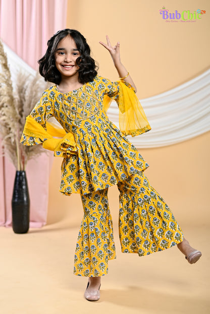 Yellow booti printed kurta and sharara