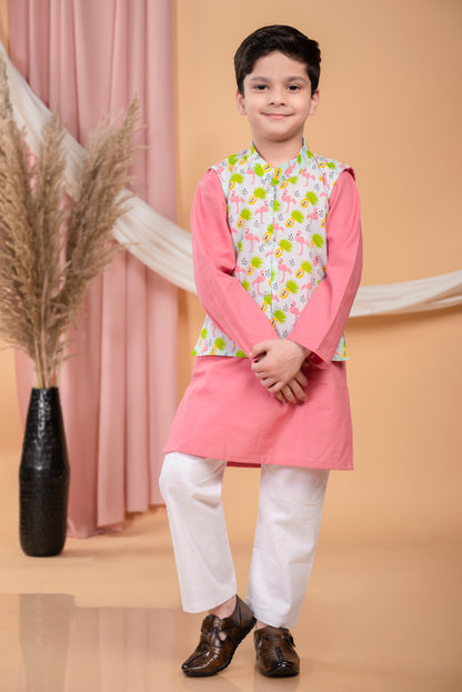 Pink kurta pajama with flamingo print jacket