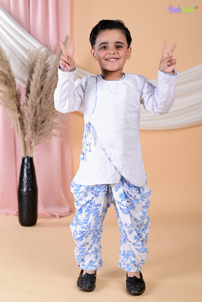 White Angrakha kurta with floral printed dhoti