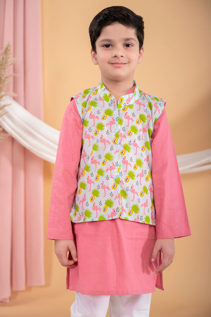 Pink kurta pajama with flamingo print jacket