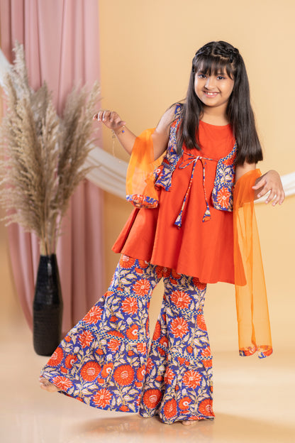 Red Kurta with Printed Floral Sharara and Jacket