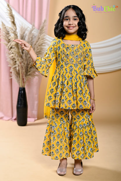 Yellow booti printed kurta and sharara