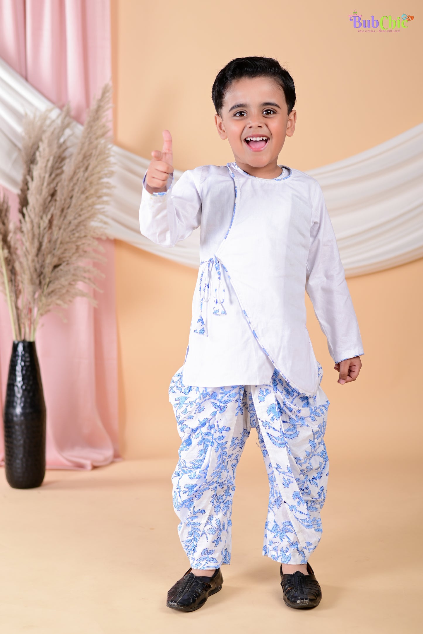 White Angrakha kurta with floral printed dhoti