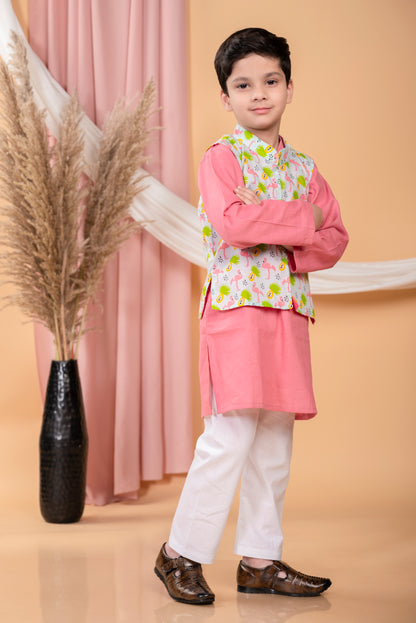 Pink kurta pajama with flamingo print jacket