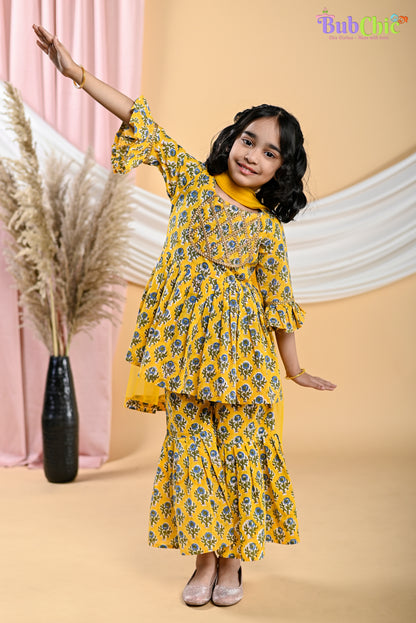 Yellow booti printed kurta and sharara