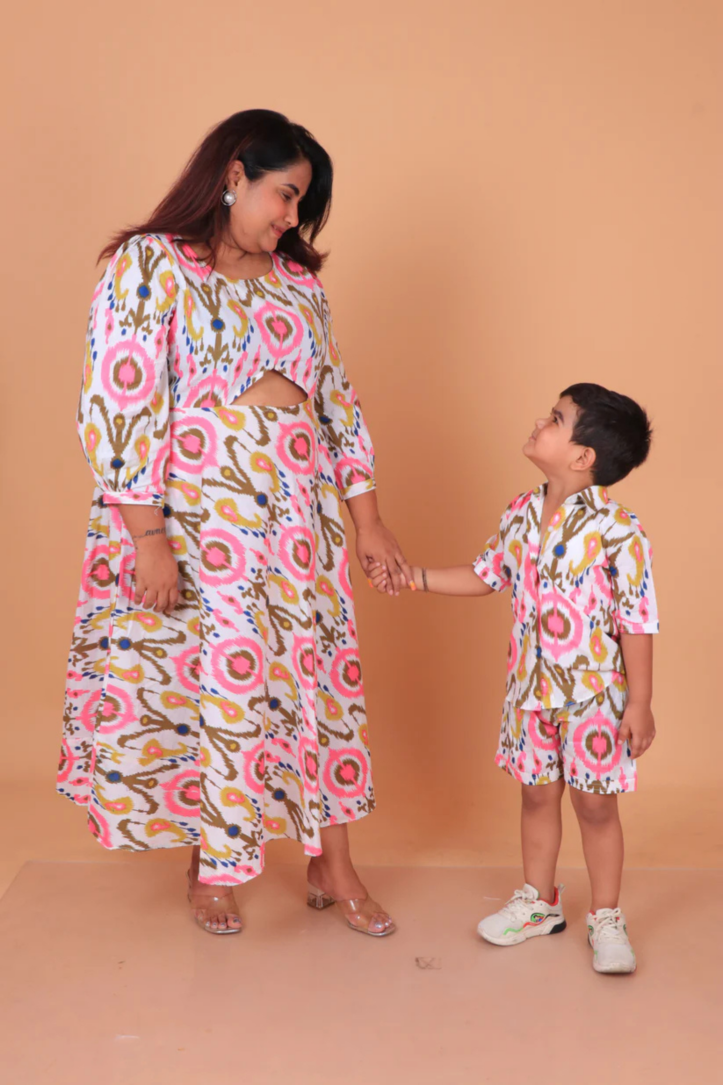 White Pink Ikhat Mother Son Combo