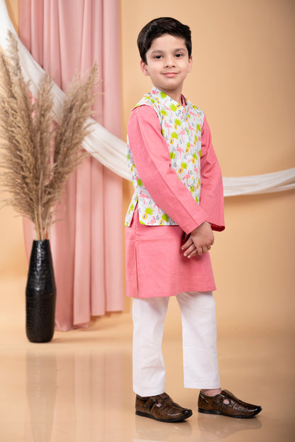 Pink kurta pajama with flamingo print jacket