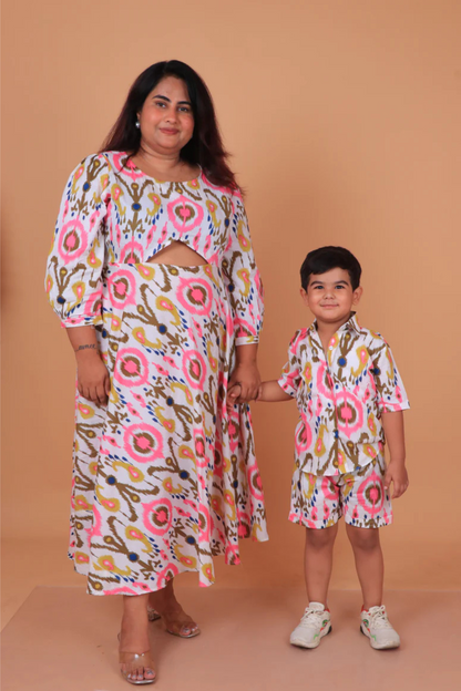 White Pink Ikhat Mother Son Combo