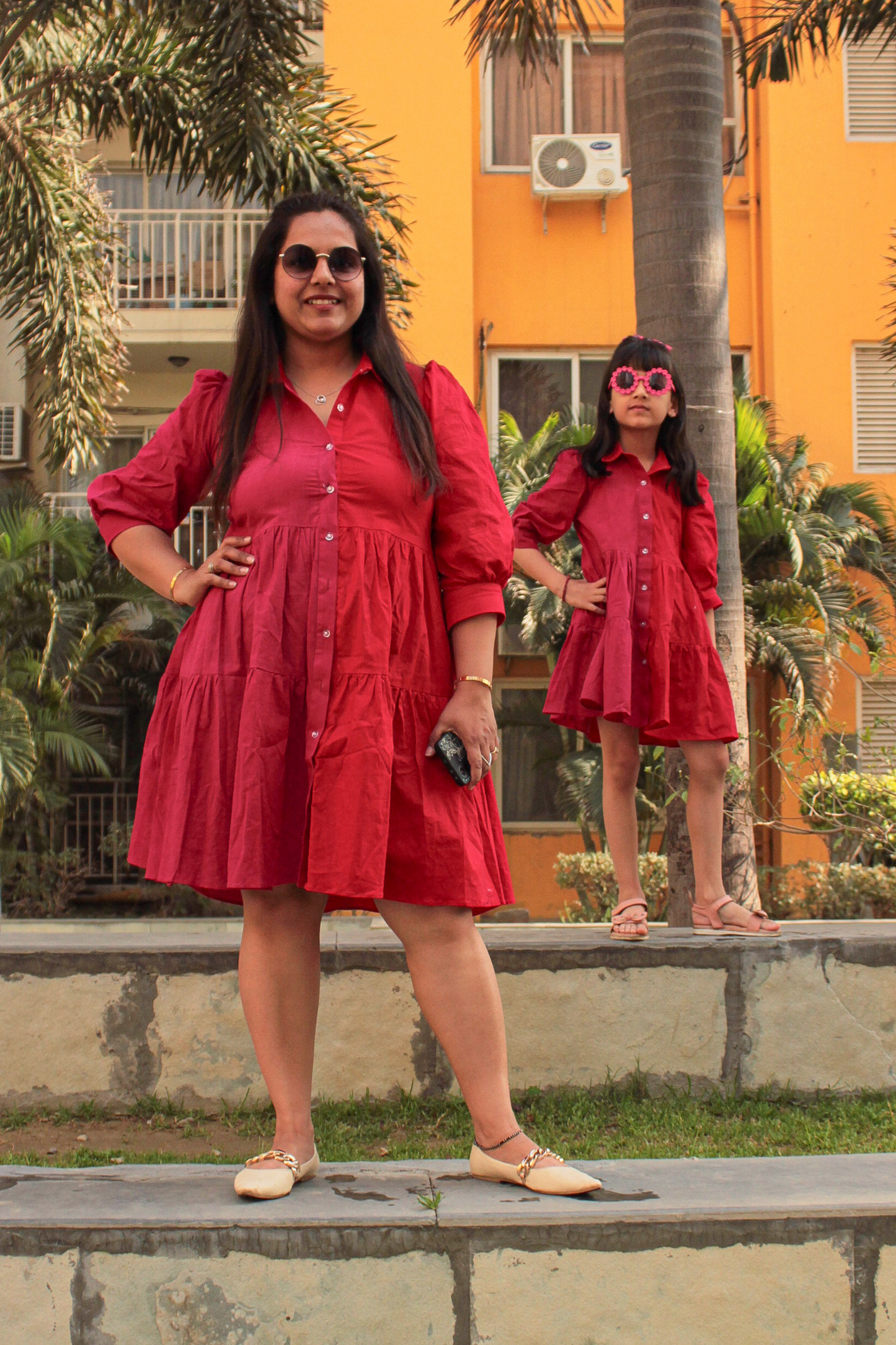 Red and Pink Colorblock Shirt Twinning Dress