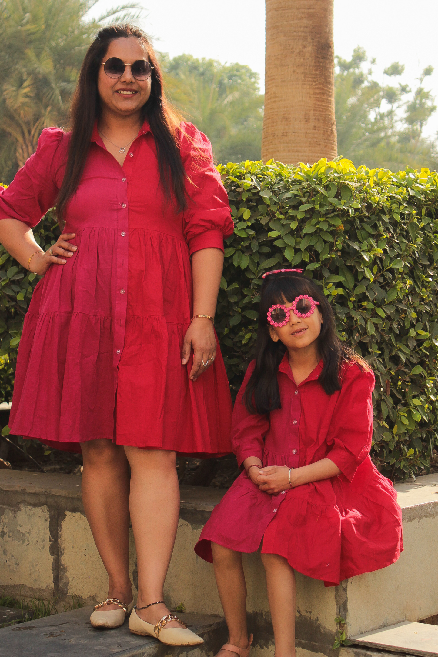 Red and Pink Colorblock Shirt Twinning Dress