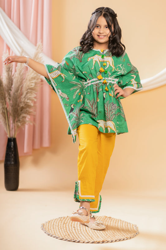 Green Animal print Kaftan with mustard pants