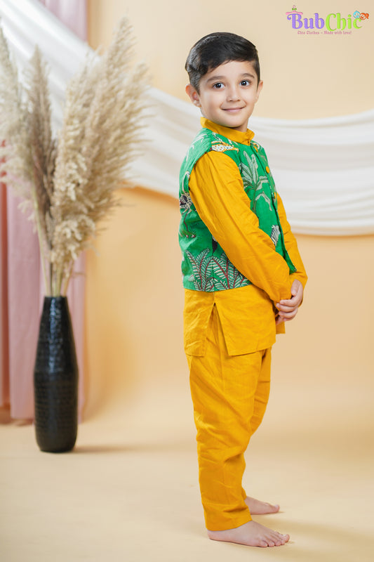 Mustard Kurta Pajama with Green Animal Print Jacket