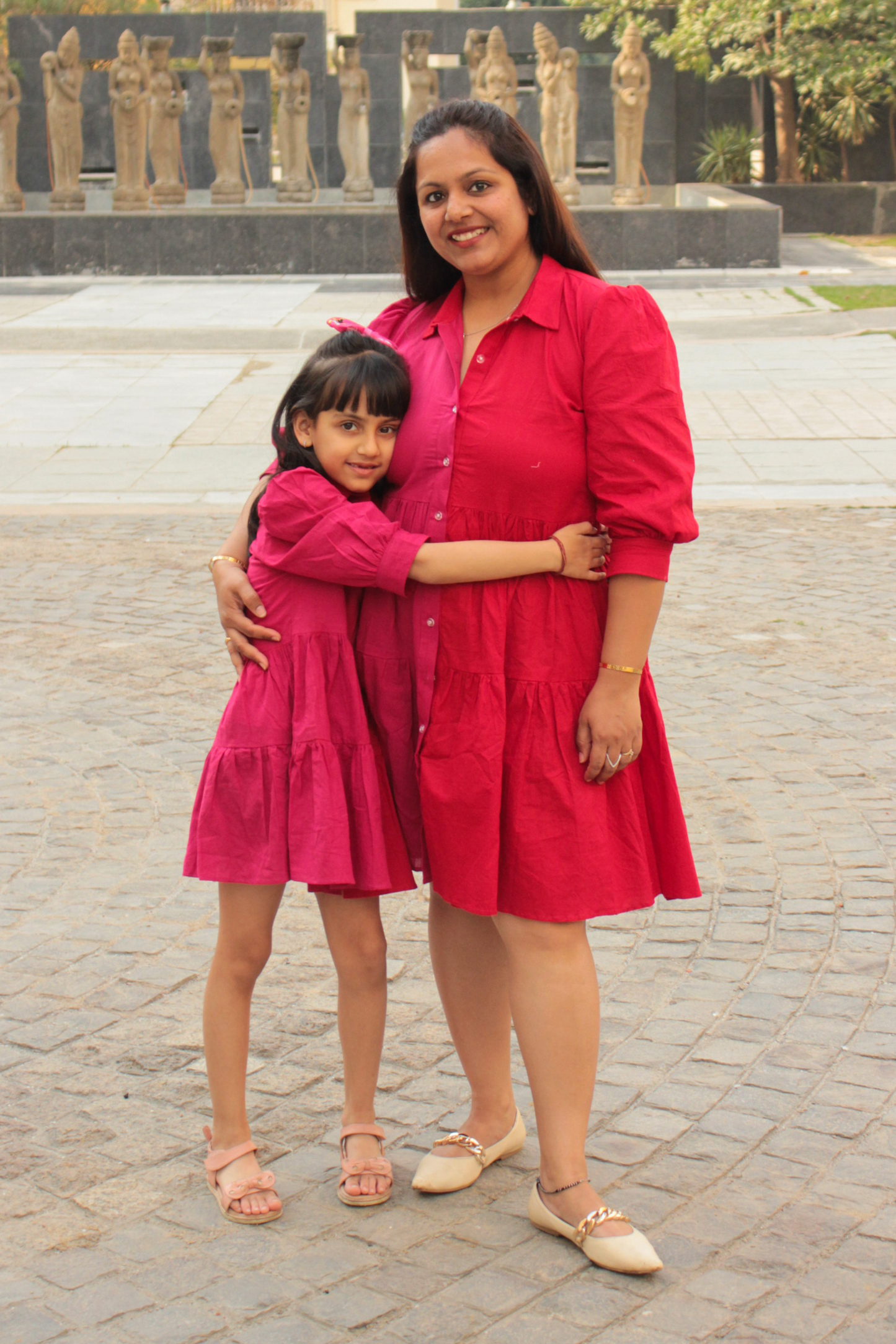 Red and Pink Colorblock Shirt Twinning Dress