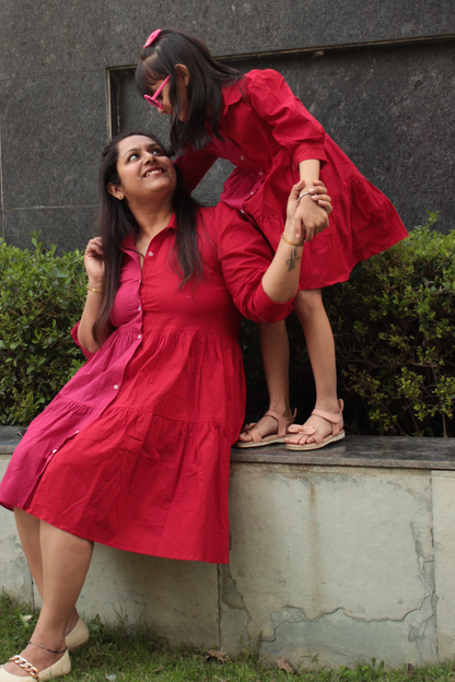 Red and Pink Colorblock Shirt Twinning Dress