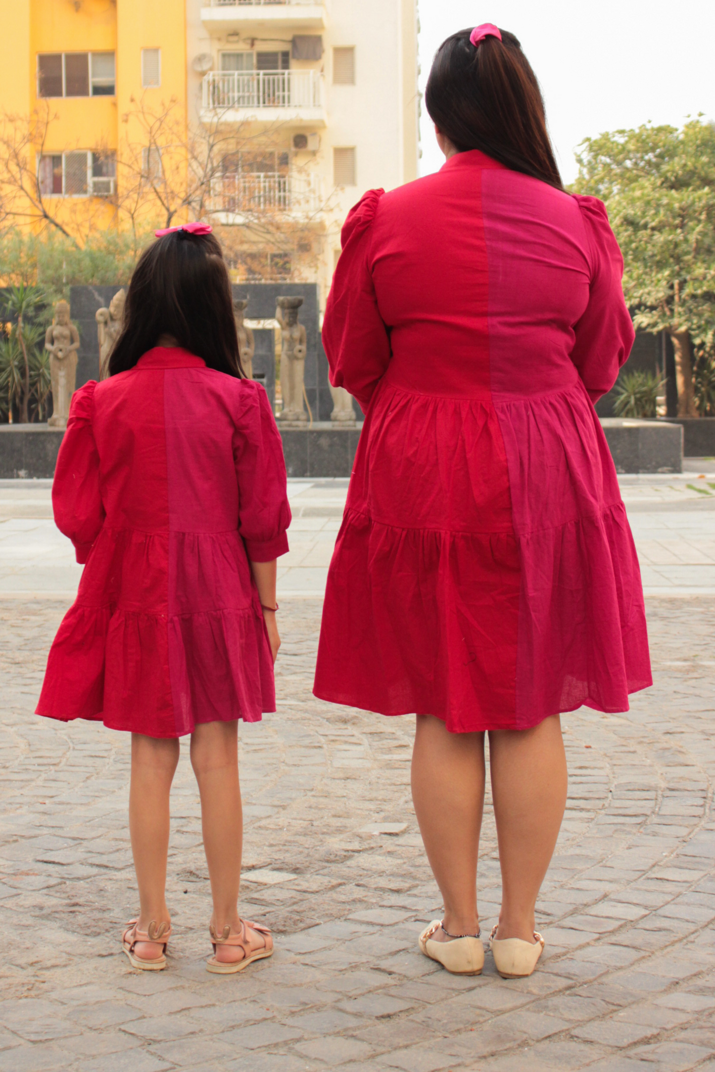 Red and Pink Colorblock Shirt Twinning Dress