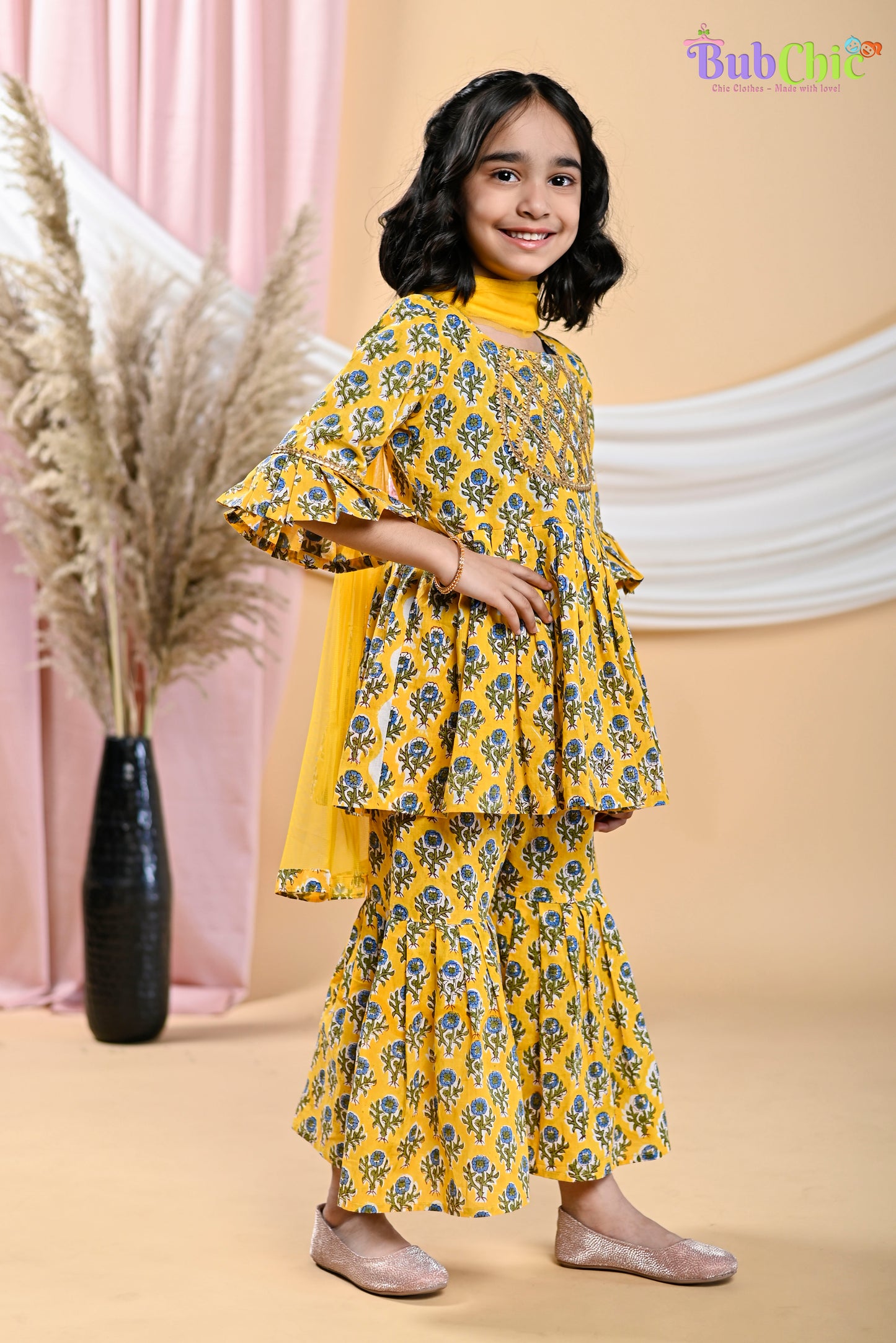 Yellow booti printed kurta and sharara