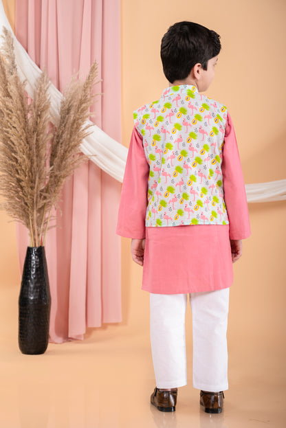 Pink kurta pajama with flamingo print jacket