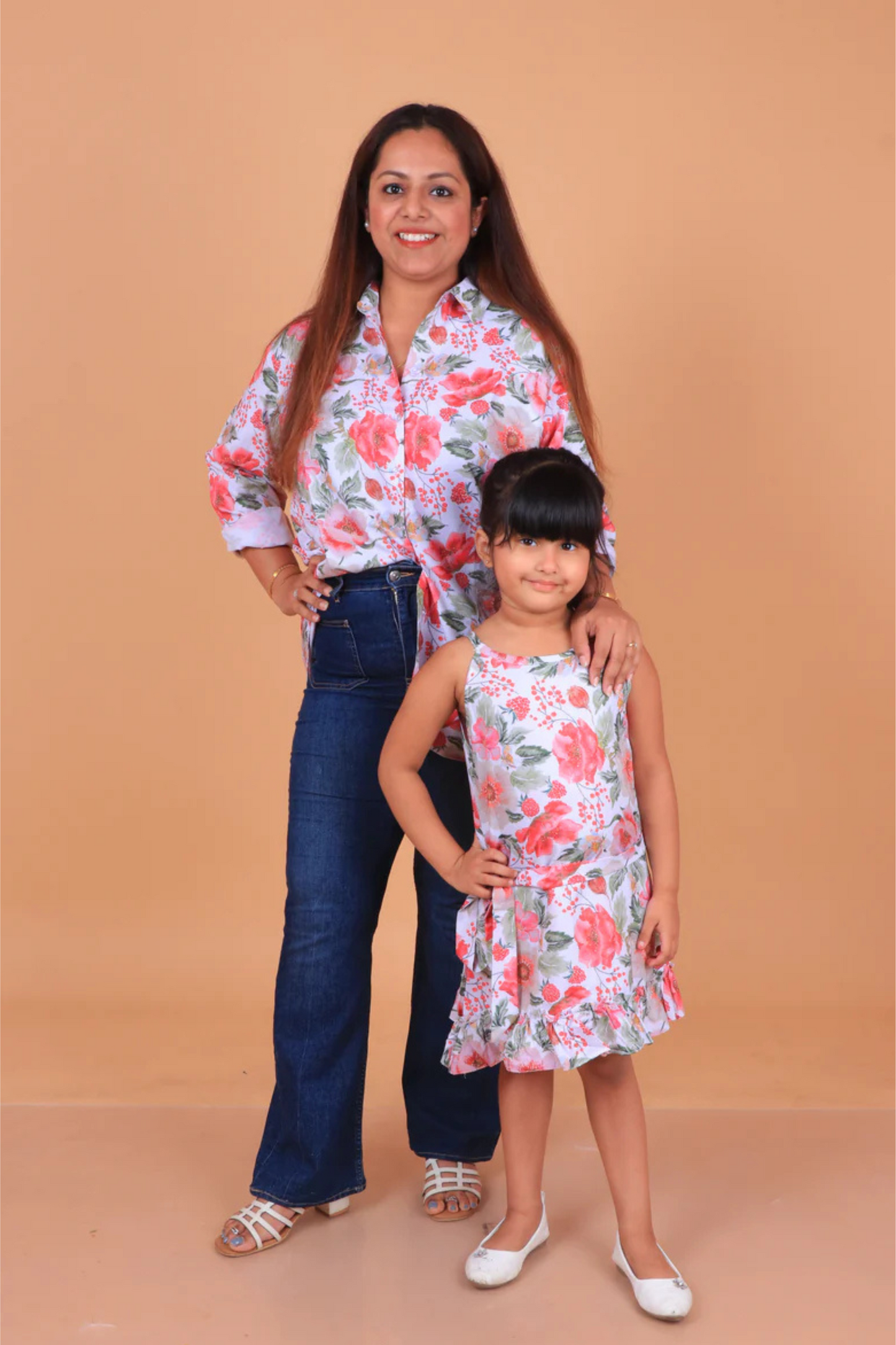 White Floral Shirt Mother Daughter combo