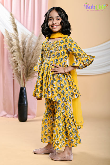 Yellow booti printed kurta and sharara