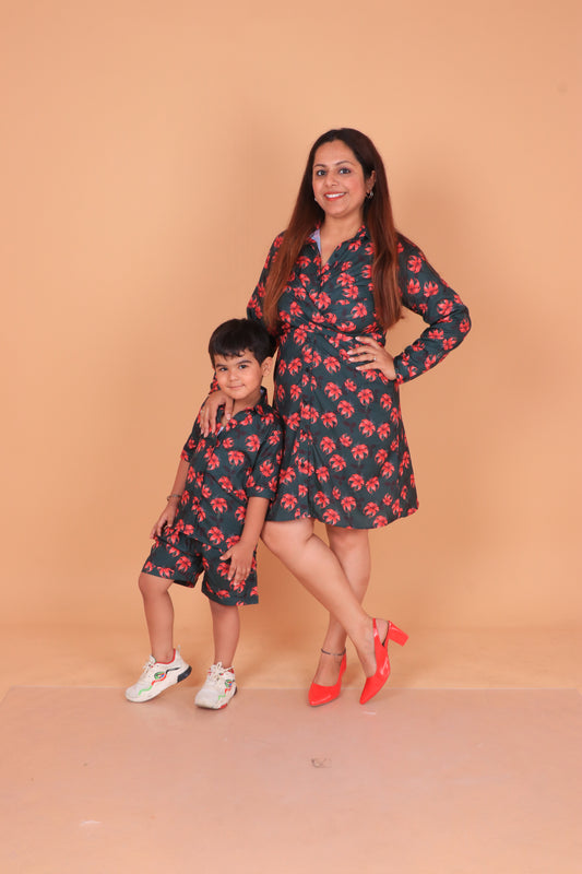 Dark Green Floral Mother Son Combo