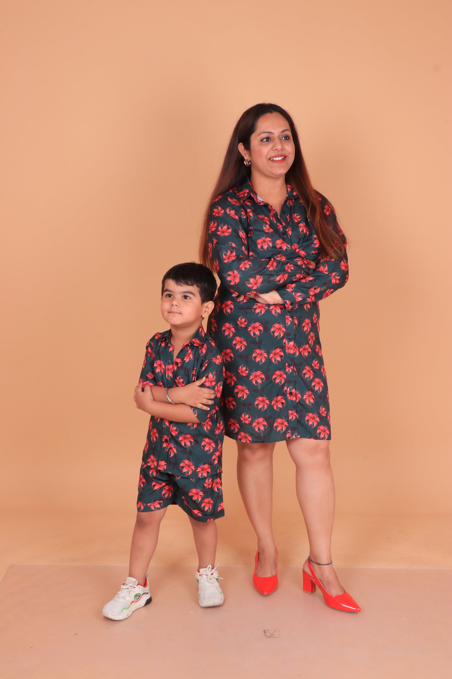 Dark Green Floral Mother Son Combo