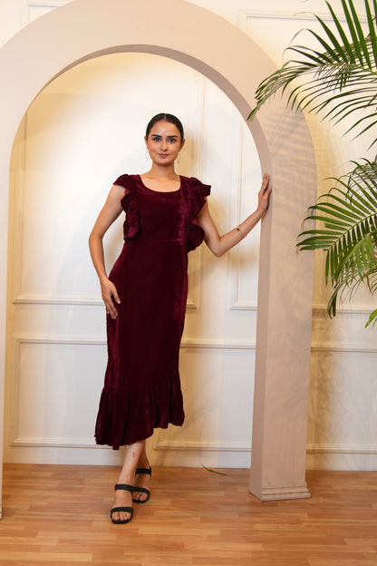 Maroon Velvet Dress with Ruffle