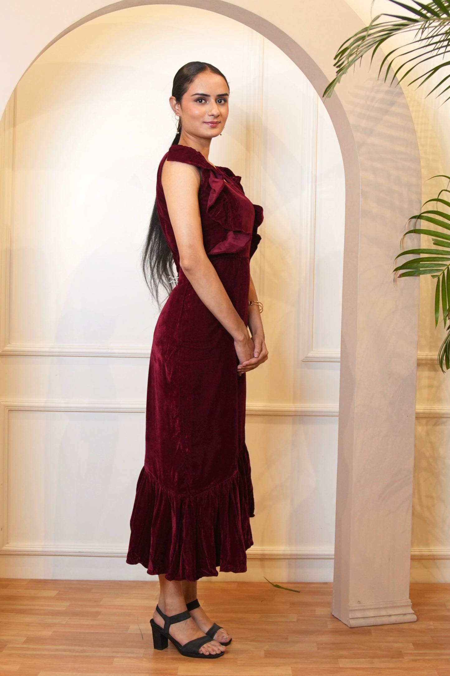 Maroon Velvet Dress with Ruffle