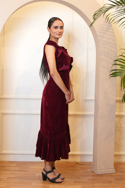 Maroon Velvet Dress with Ruffle