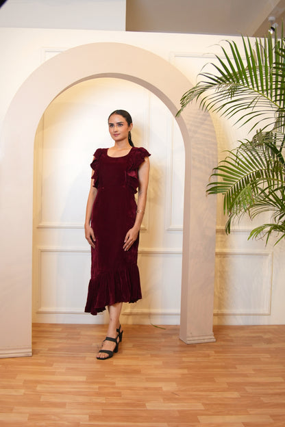 Maroon Velvet Dress with Ruffle