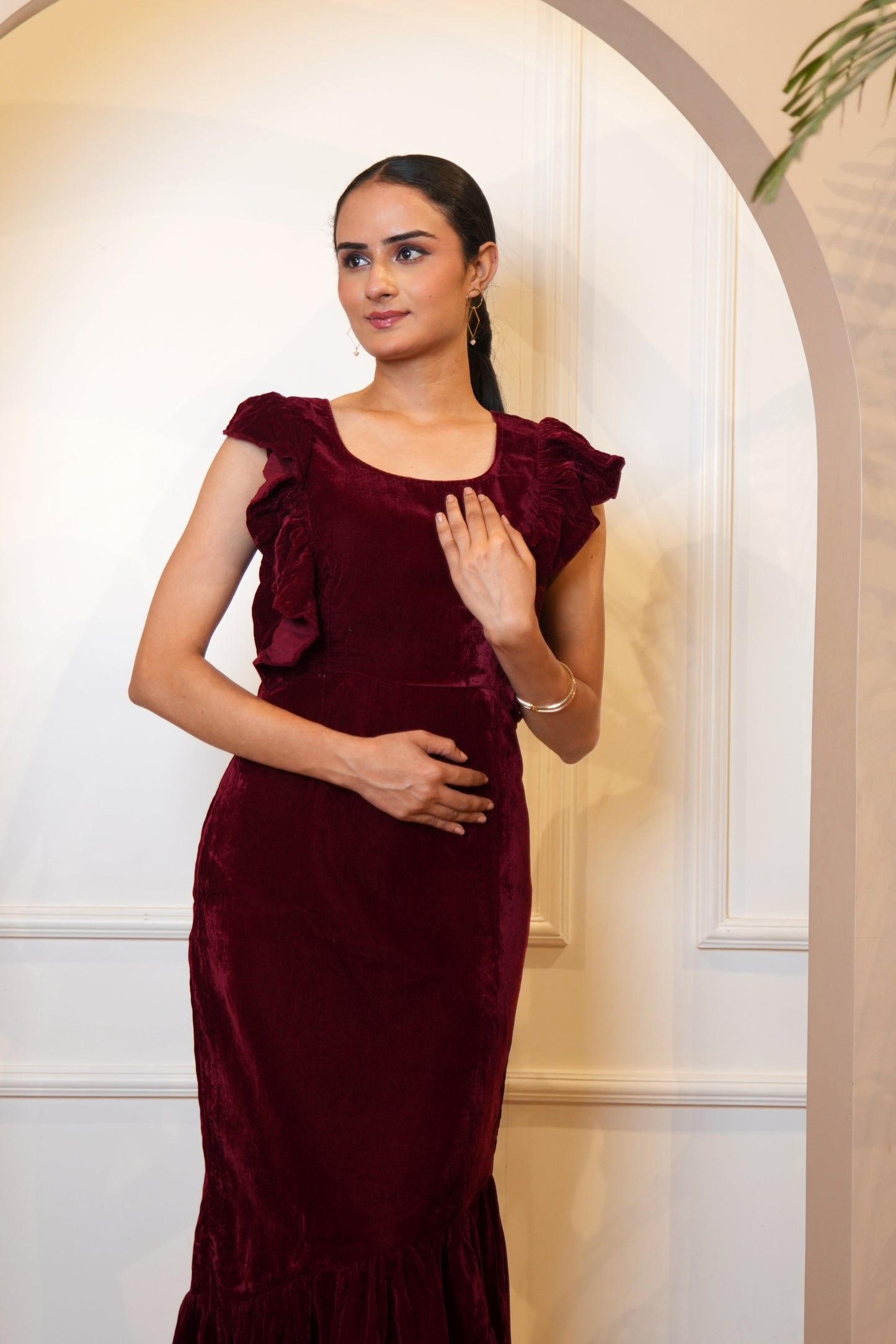 Maroon Velvet Dress with Ruffle