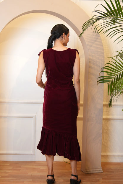 Maroon Velvet Dress with Ruffle