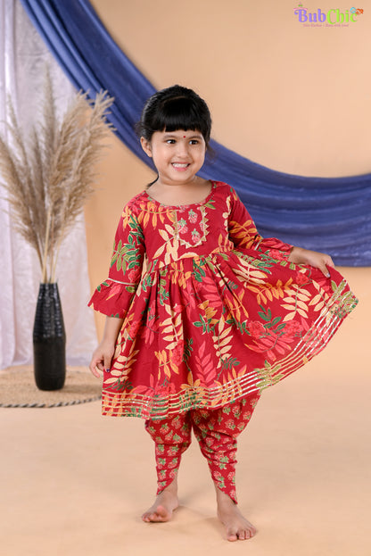 Red floral Kurta with Dhoti