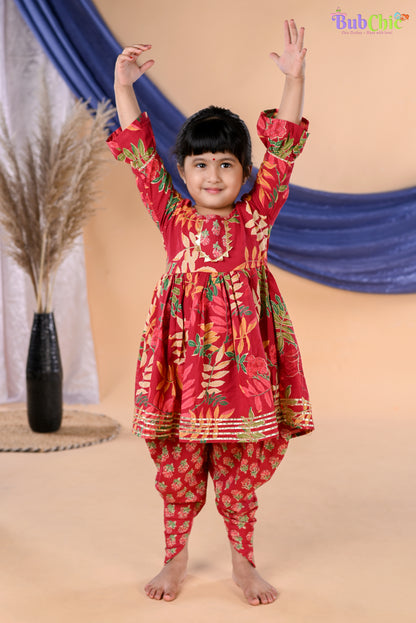 Red floral Kurta with Dhoti