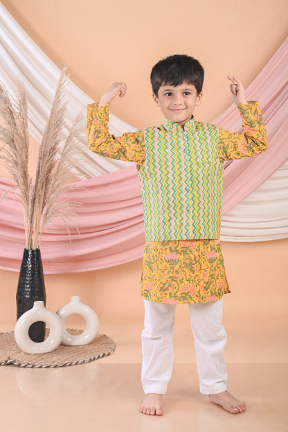 Yellow Floral Kurta with Striped Jacket and Pajama