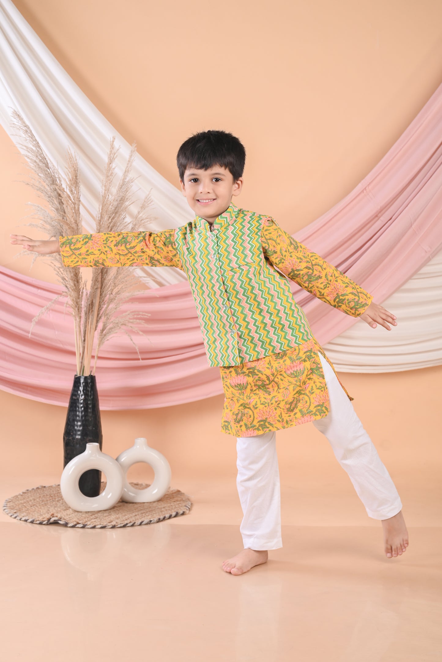 Yellow Floral Kurta with Striped Jacket and Pajama