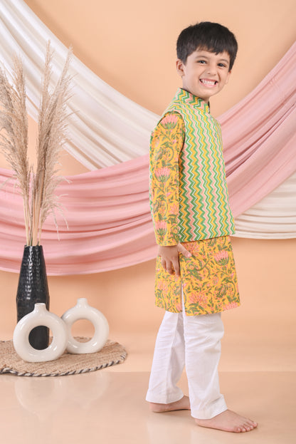 Yellow Floral Kurta with Striped Jacket and Pajama