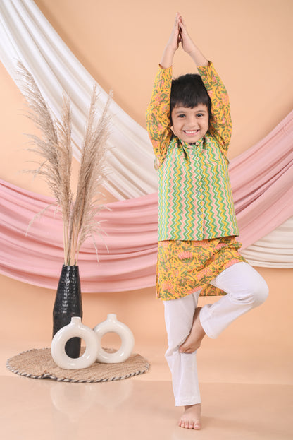 Yellow Floral Kurta with Striped Jacket and Pajama