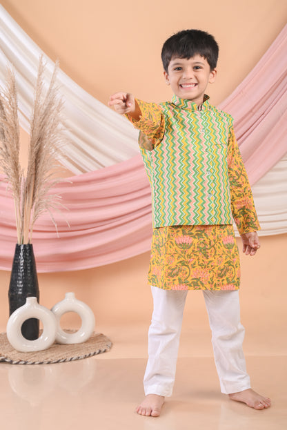 Yellow Floral Kurta with Striped Jacket and Pajama