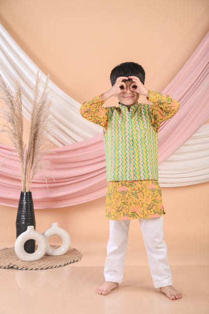 Yellow Floral Kurta with Striped Jacket and Pajama