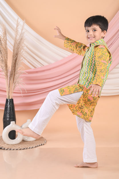 Yellow Floral Kurta with Striped Jacket and Pajama