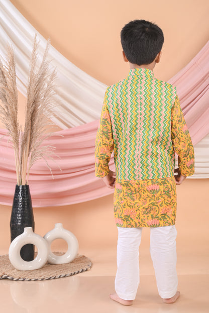 Yellow Floral Kurta with Striped Jacket and Pajama