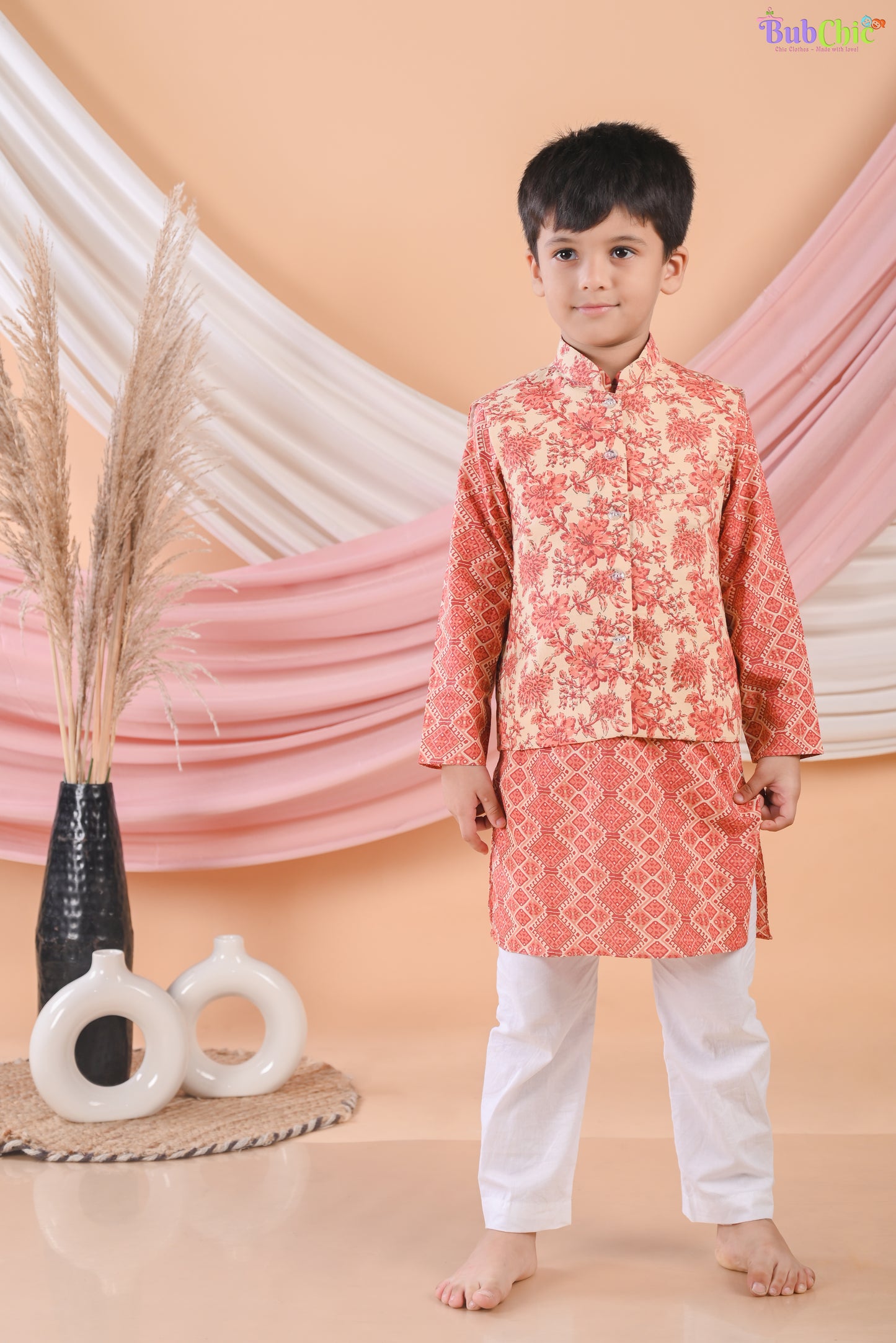 Rust Floral Jacket with Printed Kurta and Pajama